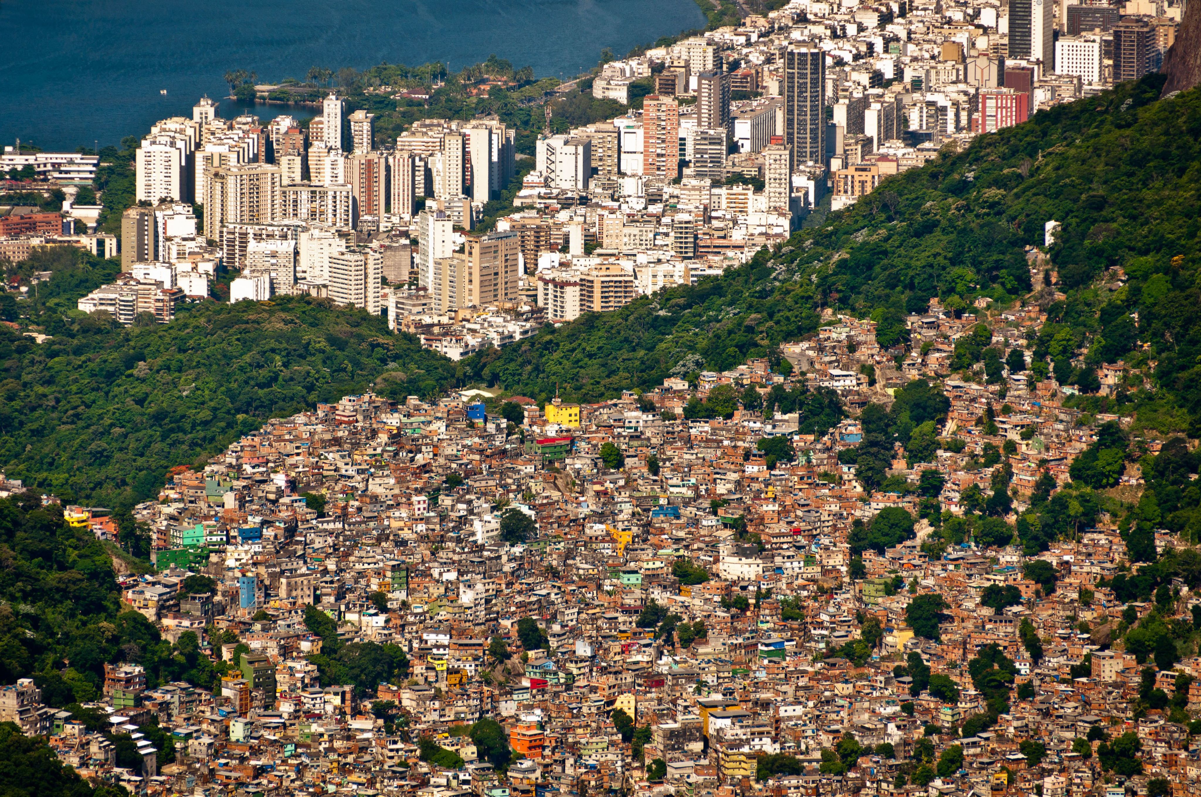 Aerial view of Favela da Rocinha, the largest mountain slum in Brazil in Rio de Janeiro
